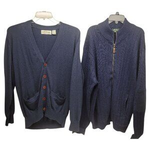 2 Lot Men's Orvis Sweaters Grandpa Cardigan Cashmere Wool Navy Elbow Patch sz L